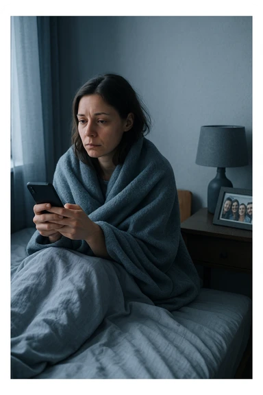 Donna tra i 30 e i 35 anni seduta da sola in una stanza, avvolta in una coperta, guarda il telefono ma non risponde ai messaggi. Sul comodino, una foto con amici, leggermente coperta dalla polvere. Sguardo perso nel vuoto. La stanza trasmette solitudine e distacco. Colori freddi, luce naturale tenue sticker