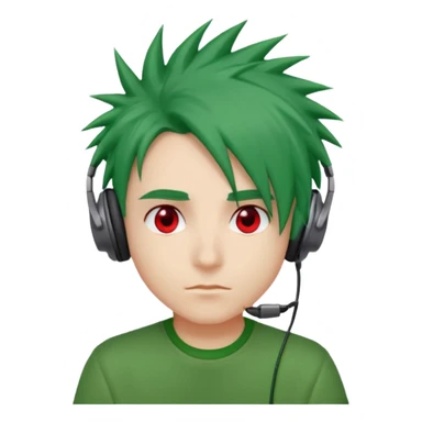 chico pelo medio largo ojos rojos y una camisa verde pelo tipo spike y unos audifonos sticker