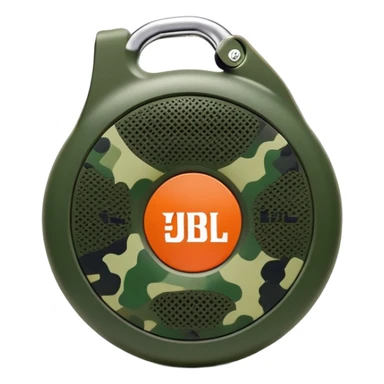 Simple JBL Clip 4 speaker with round body, built-in carabiner, green camo pattern, and JBL logo on front, iOS emoji style sticker