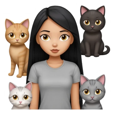 a pretty bratz dusky girl with long straight hair with four cats nd wearing a grey tshirt sticker