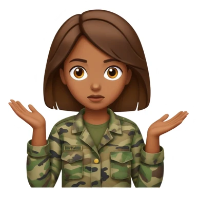 brown-skinned girl in camouflage, brown hair, shrugging sticker