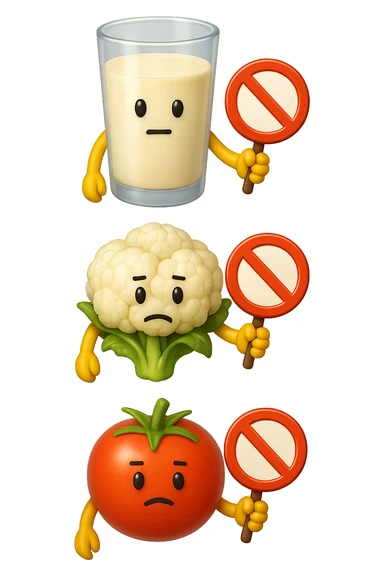 emoji stile iphone di un BICCHIERE DI LATTE CAVOLFIORE E POMODORO CHE FLUTTUANO IN ARIA VERTICALMENTE CON DIVIETI IN MANO, iperrealistico 4k, isolato su sfondo bianco sticker