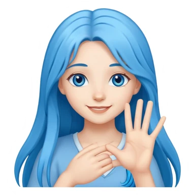 Happy girl long blue hair blue eyes making the hand heart sticker