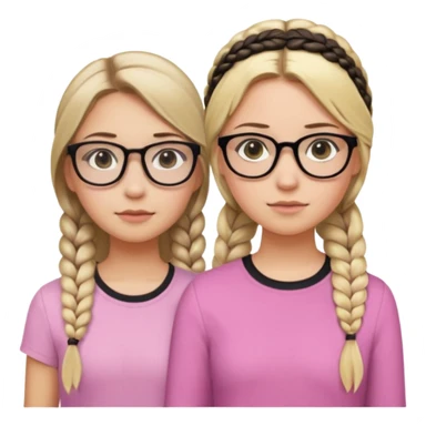Two girls a taller girl with a black shirt and glasses dirty blonde long hair in a braid and eyeliner, second shorter girl with light blonde shoulder length straight hair with a side part and a pastel pink shirt sticker