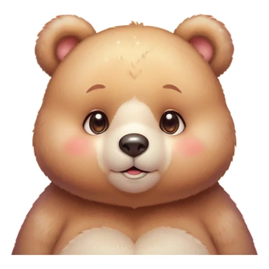 Cinematic cute soft bear, chubby round face, tiny ears, warm fuzzy fur, blushing cheeks, sparkling kind eyes, soft glowing background, heartwarming and huggable. sticker