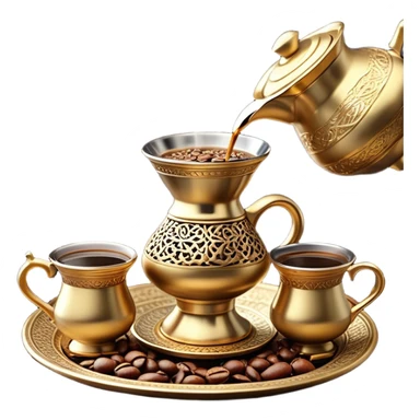 A traditional Arabic coffee scene featuring an ornate dallah (Arabic coffee pot) pouring steaming golden gahwa into beautifully decorated cups. Scattered coffee beans add an authentic touch, while a bowl of rich, dark dates sits in the background, symbolizing hospitality and tradition. sticker