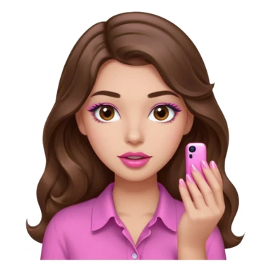 girl with long wavy brown hair, brown eyes, light to medium complexion, in a pink shirt, pink lips, long lashes, puckered lips, showing off a pink manicure sticker