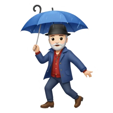 A dark-haired boy with a white beard dancing with an umbrella in the rain sticker
