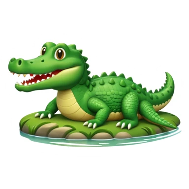 A cute 3D cartoon crocodile resting on a riverbank, part of its body in the water. Smooth rounded design, bright colors, soft lighting, friendly expression, Memoji-style realism. sticker