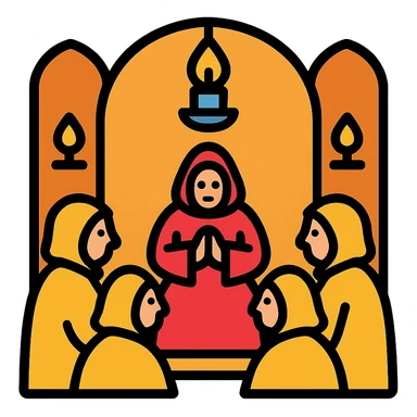 classic medieval conclave with monks in robes in a candlelit hall sticker