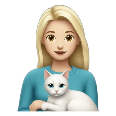 Blond girl in blue sweater and with white cat sticker