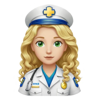 Paramedic white and gold uniform green patch with long curly blonde hair and blue eyes sticker