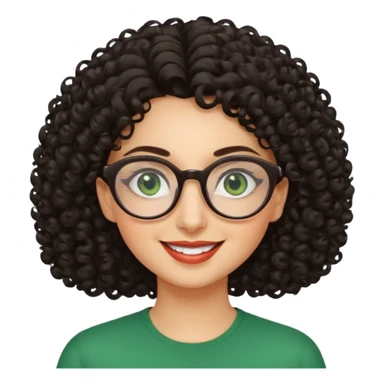 iranian woman, tight curly hair, glasses, green eyes, pretty, oval shape face sticker