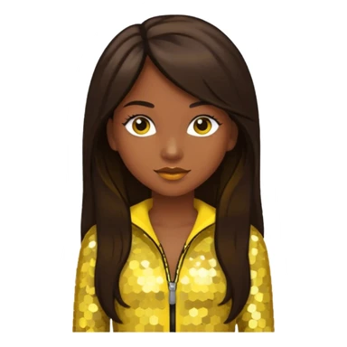 Sasha from Bratz with medium dark skin, long dark brown hair and yellow sequin outfit sticker