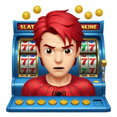disheveled spiderman losing money at a slot machine, panicked face, coins flying sticker