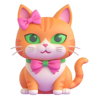 3D iOS style cat with a pink bow, green eyes, and light orange fur sticker