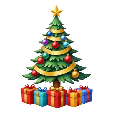 Christmas tree with decorations and ribbons, it has a star on top, at the base of the tree there are gifts. sticker