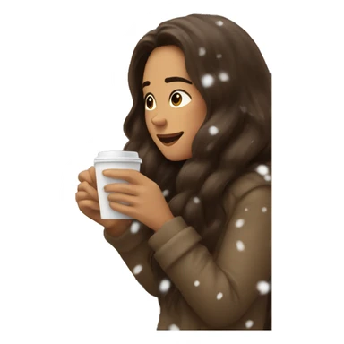 Woman with long brown hair is eating croissant and drinks coffee at home snowing outside the window sticker