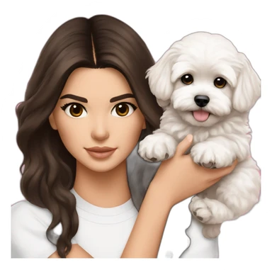 brunette Kendall Jenner with long hair holding on the hands white maltipoo wear on pink collar sticker