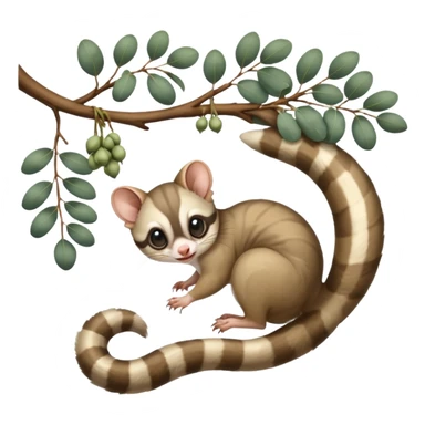 Sugar glider hanging from eucalyptus branch by the tail sticker