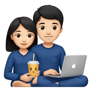 black haired boy and girl in navy blue pajamas , watching movie on laptop sticker