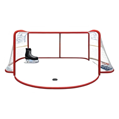 An icon showing a hockey stick, puck, skates, and goalposts on the ice. The background features a large hockey stadium with cheering fans, bright lights, and a snowy landscape visible through the arena. Transparent background highlights the main hockey equipment and atmosphere. sticker