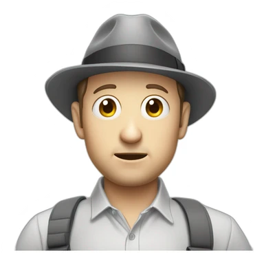 tim robinson wearing a grey fedora with a grey flap on the back white shirt looking scared sticker