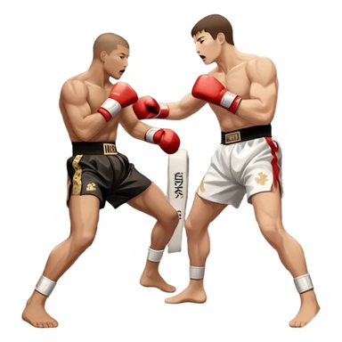 An icon symbolizing kickboxing, featuring two fighters in the midst of an intense match. One throws a powerful roundhouse kick, while the other counters with a punch. The background shows a ring, with ropes and a cheering crowd. Transparent background highlights the action and strength sticker