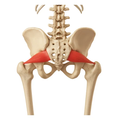 Create a hyperrealistic anatomical view of the piriformis muscle as in the reference image. Show the pelvis and vertebral column visible, with the piriformis muscle highlighted in red. Include clear anatomical details, a white background, and 4K quality. sticker