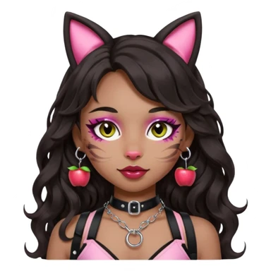 Soften the makeup to be bold but not too crazy, keeping the silver O-ring, bangs, light-medium Hispanic skin tone, long dark wavy hair, cat ears, and pink BDSM-inspired harness in apple emoji style with transparent background. sticker