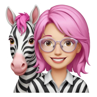 create a emoji of my friend camilla: she wears  white glasses and she has brown hair, make it pink. She loves horses and zebras sticker