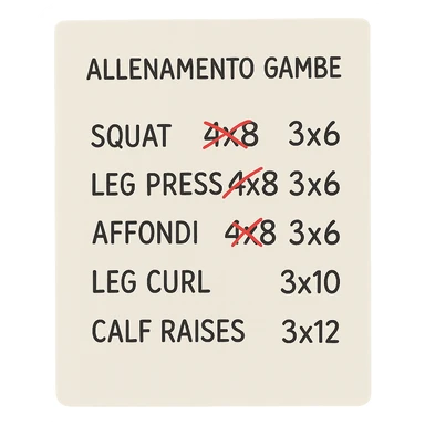 foglio di carta con scheda di allenamento gambe in italiano con volume di allenamento ridotto (fai alcuni esercizi con 4x8 scritti in precedenza sbarrati in rosso e la correzione accanto tipo 3x6), scrivila al meglio che puoi sticker