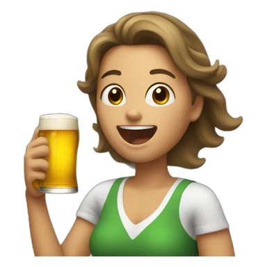 woman cheering with a beer sticker
