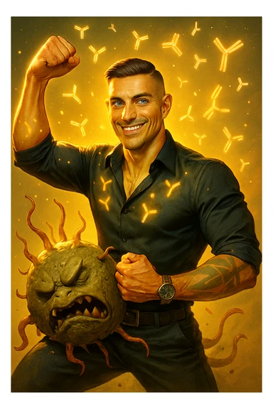Un uomo atletico (30-40 anni) dalla pelle perfettamente liscia, senza cicatrici o imperfezioni, che emana un leggero bagliore dorato (metafora degli anticorpi).
Occhi brillanti con riflessi blu-verdi (simbolo di salute estrema).
Postura eroica, con un braccio sollevato in un gesto di forza, mentre con l'altro tiene un batterio gigante schiacciato come se fosse un mostro sconfitto. sticker