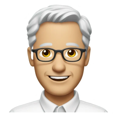 Middle-aged Caucasian man with short gray hair and glasses, wearing a white collared shirt and smiling sticker