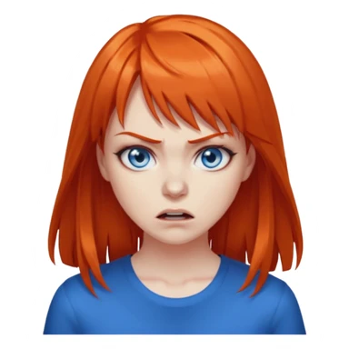 A woman with dark orange hair and bangs, blue eyes, an asmr streamer, angry, sticker