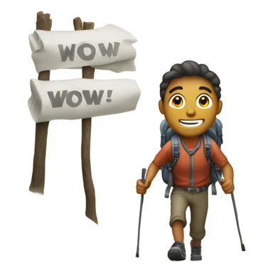 Man hiking with sign that says “Wow!” sticker