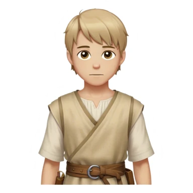 medieval summer outfit worn by a DnD themed fantasy male character. basic sleeveless tunic made of thin hemp fabric, tied at the waist with a cloth belt. clothes only above the waist. The clothes full waist. The character's haven't arms. character is white-skinned, light brown hair, hazel eyes, short straight hair. sticker