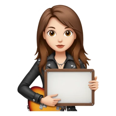 A fair skin rocker chick with long brown hair holding a large blank sign sticker