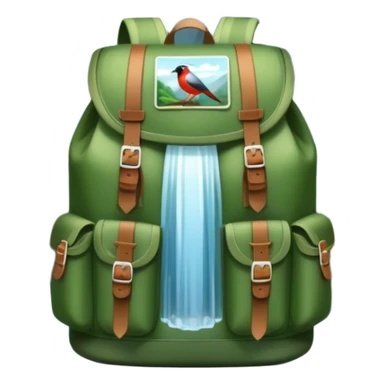 Icon for Ecotourism: lightweight hiking backpack and a scenic landscape with lush green forests, a waterfall, and wildlife, such as birds or animals in background. Transparent background. sticker