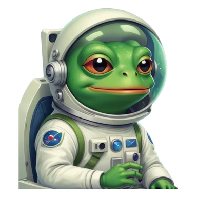 Pepe the Frog as a trader, with charts on the screen, in space with a rocket, meme art style, hilarious and bright sticker