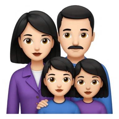 A family consisting of 1 women with black black wavy hair , 1 girl with black buzz cut hair and 1 girl medium skin tone and black long hair , 1 white man with black hair and short mustache  sticker