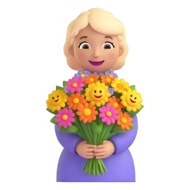 3D smiley emoji, round shape, grandmother with a bouquet of flowers, smiling, purple color sticker