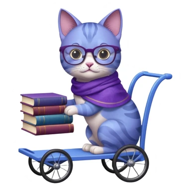 Purple and blue cat, with glasses and a shawl, pushing a 4 wheeled cart full of books sticker