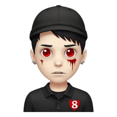 zombie boy emoji with black emo hair and piercing, wearing black polo shirt with Lyon logo, red cap with number 9 sticker