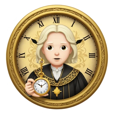 a 1600s judge with a hurried expression holding a clock that ticks VERY FAST  sticker