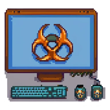 blue screen computer with a biohazard sign sticker