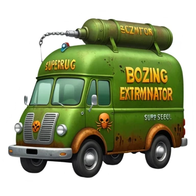 Heroic SuperBug Ron’s oozing exterminator superminator antique tall moving van (motto: Bombing creepy bugs is fun) sticker