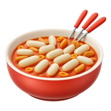 Apple emoji style, bowl of tteokbokki, glossy 3D, soft shadows, white background sticker