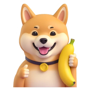shiba inu showing thumb up and having banana sticker